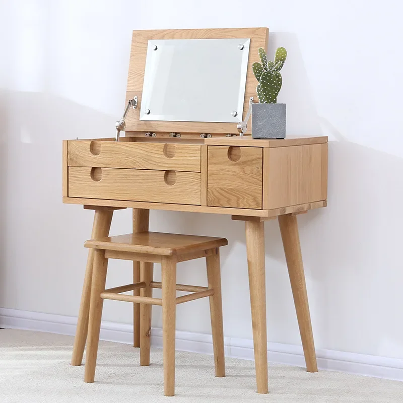 Nordic red oak clamshell dresser, simple all-solid wood makeup table with mirror