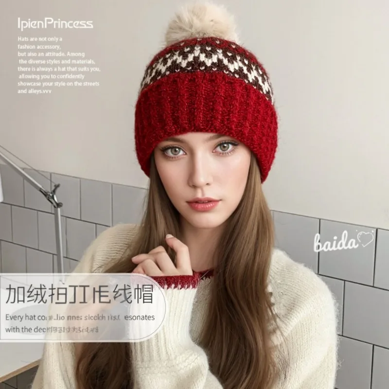 Women's Autumn Winter Japanese Vintage Knit Hat Warm Cute Slim Face Outdoor Ear Cover Beanie