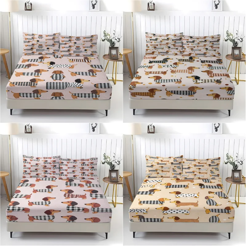 Cute Dachshund Dog Print Fitted Sheet Set 1 Fitted Sheet 2 Pillowcases Soft Microfiber Bedding Set for Bedroom Guest Room