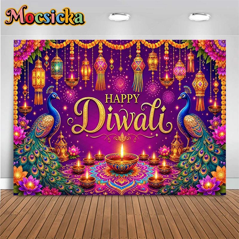 Mocsicka Happy Diwali Photography Backdrop Purple Peacock Lotus Marigold Garland Hanging Lantern Lamp Indian Festival Photobooth