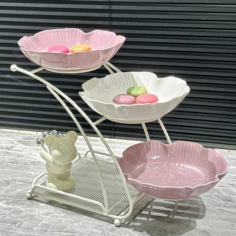 Luxury Multi-Layer Fruit Tray Ceramic & Iron Petal-Shaped Home Coffee Table Display Decorative Snack Candy Plate