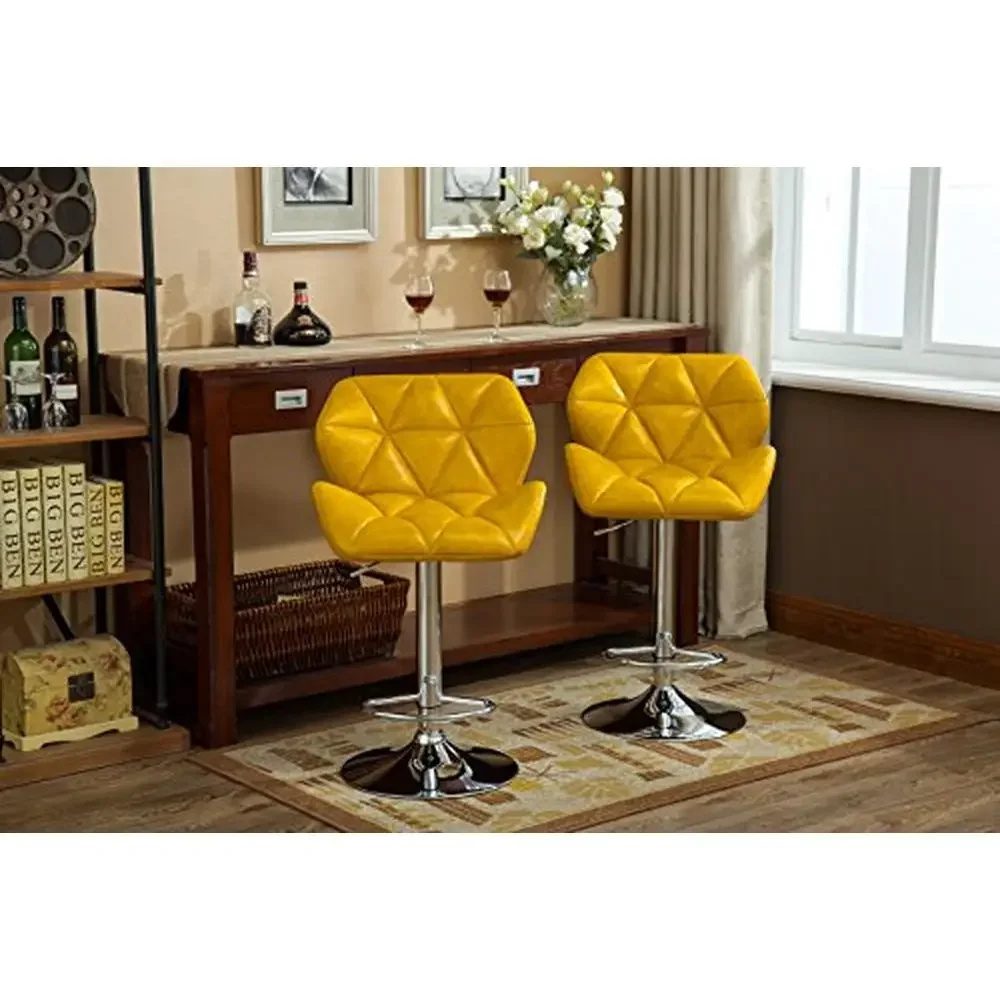 Adjustable Height Swivel Faux Leather Bar Stools Set of 2 Yellow Diamond Tufted PU Seat Footrest Comfort Stable Base Gas-lift