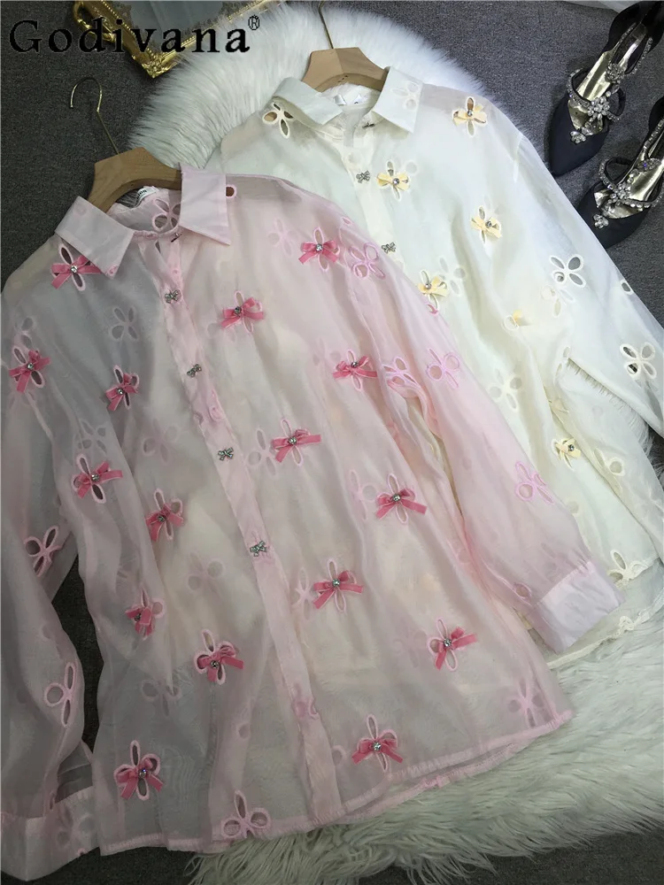 

Europea American Heavy Industry Beaded Bow French Light Breathable Sunscreen Shirt 2025 Summer Girls Long Sleeve Versatile Top