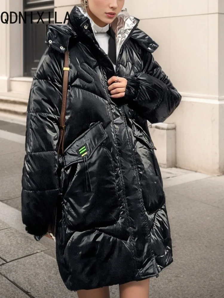 Doudoune mi-longue à capuche en Y pour femme, manteau noir chaud, parka brillante, vestes décontractées pour femme, mode coréenne, nouveau, 2024