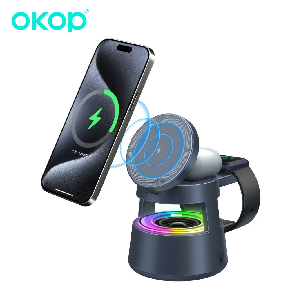 

OKOP 5-in-1 Bluetooth Speaker,15w Wireless Charging Magnetic Mobile Phone Holder,Ambient Light,Desktop Speaker,USB AUX DCIN범블비헬맷