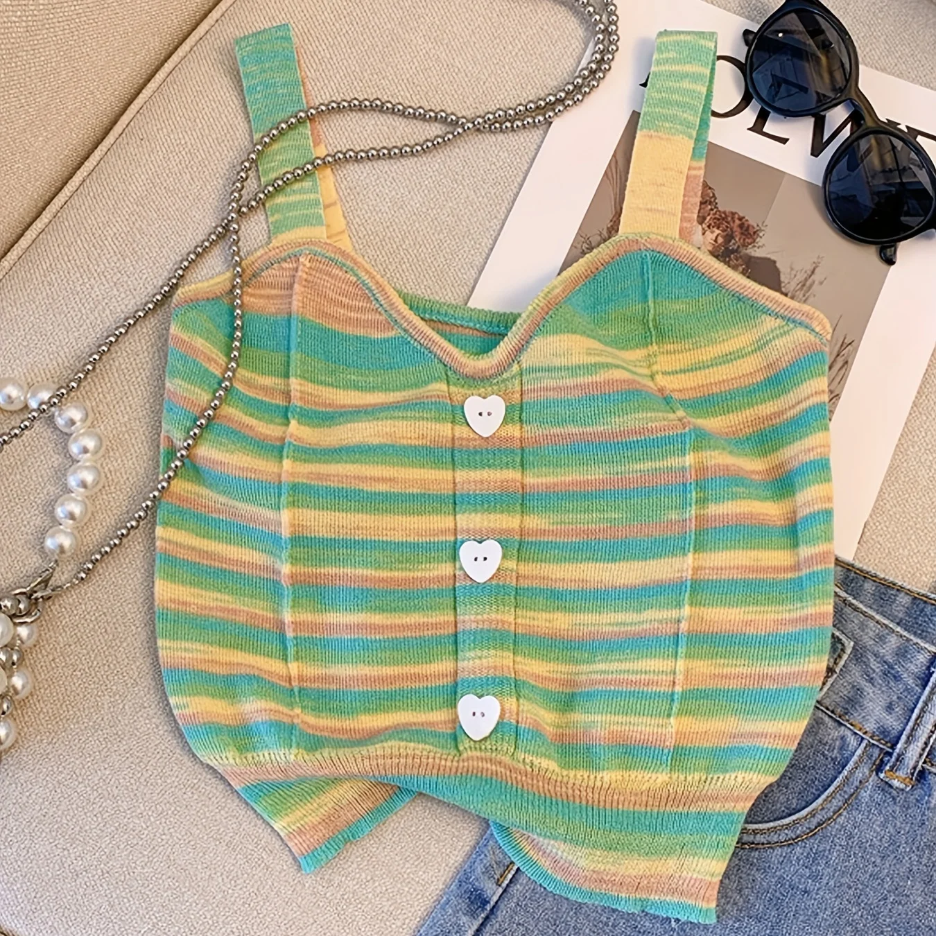 2024 New Summer Rainbow Striped Cami Top Buttons Casual Sweetheart Neck Sleeveless Top Women\'s Clothing