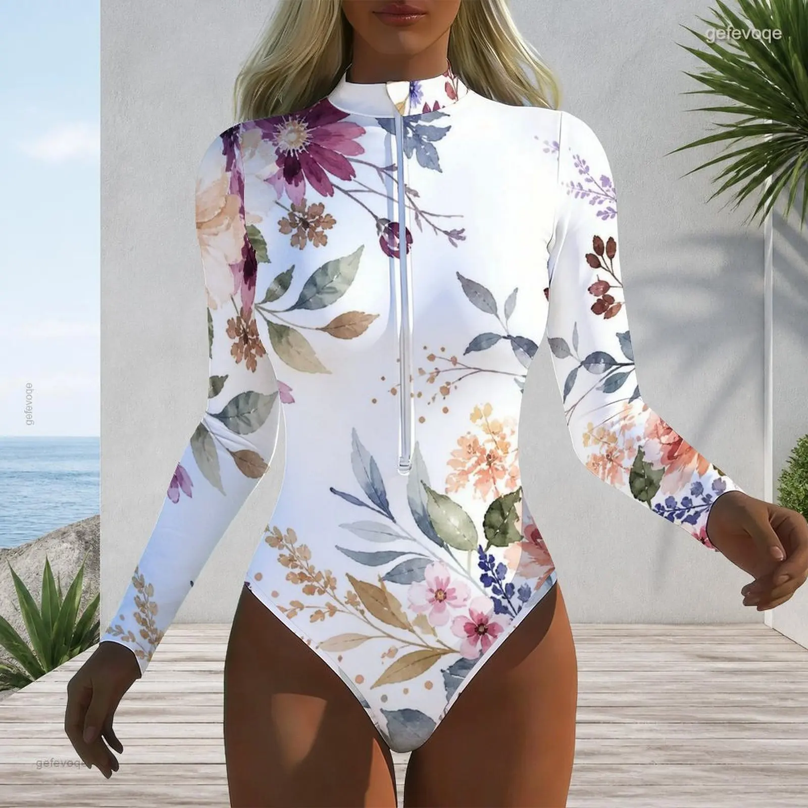 Women Swimsuit with Print High Neck Front Zip Long Sleeve One Piece