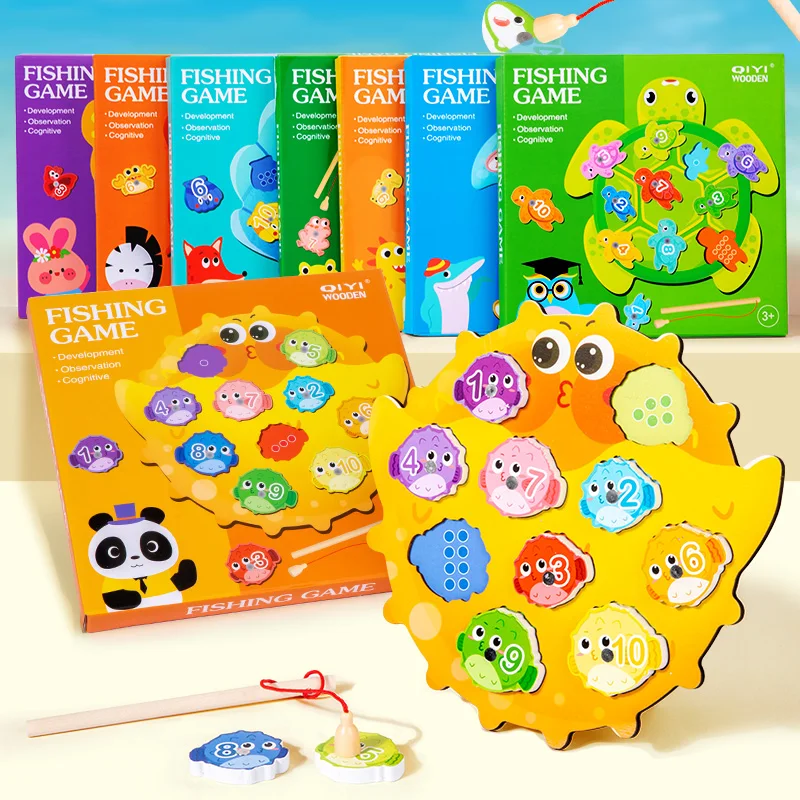 

Funny Table Game Magnetic Wooden Fishing Game Crab Dinosaur Sharks Butterfly Puffer Frog Turtle Shell Style Kids Educational Toy