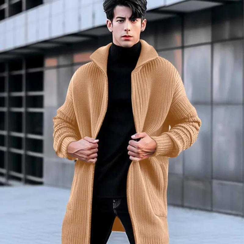 New Men's Clothing Medium And Long Sweater Jacket Autumn And Winter Lapel Solid Color Knitted Cardigan