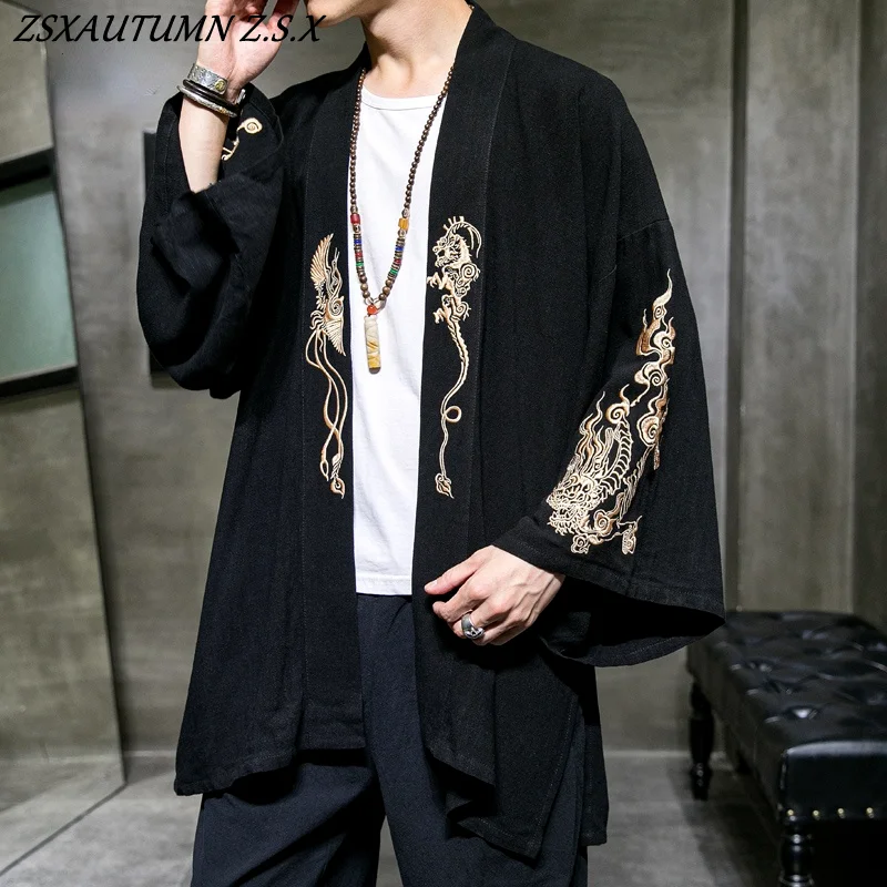 Chinese Style Hanfu Men\'s Embroidered Cardigan Japanese Kimono Male Samurai Clothing Mens Shirt Vintage Tang Suit Jacket Black