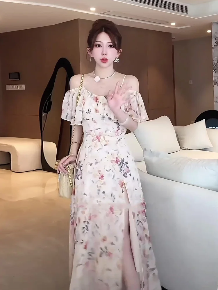 Letnia kolekcja 2025: Nowa, modna, czysta i urocza sukienka damska na wakacje, z koronkowym wykończeniem, paskiem, kwiatowym wzorem, codzienna, z włókna poliestrowego.