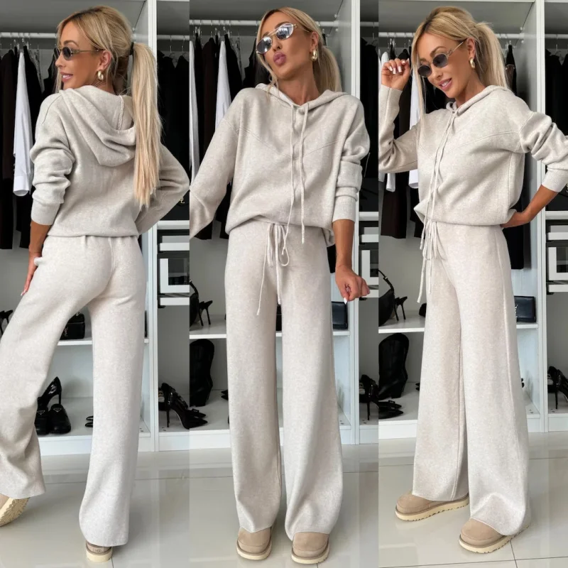 

Autumn Winter New Casual set Women Solid Color Hooded Long Sleeve Sweatshirt with Drawstring Wide Leg Pants Two-piece