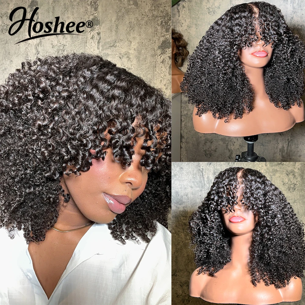 

Kinky Curly 13x4 Lace Frontal Human Hair Wig With Bang Blow-out Curly Wig Bleached Knots Pre Plucked 4x4 Lace Closure Wig 250%