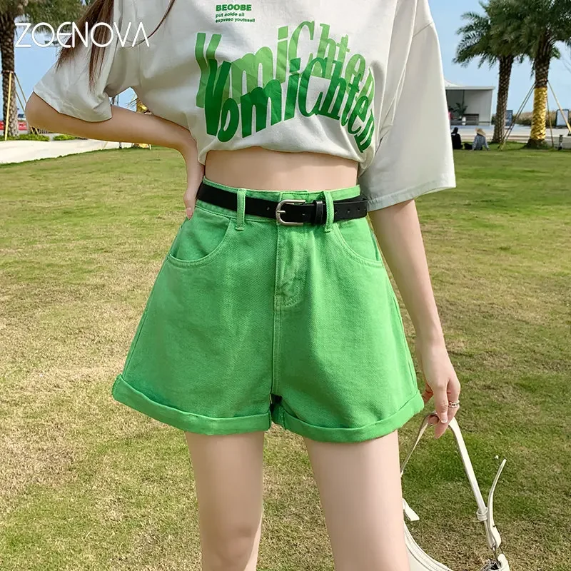 ZOENOVA 2023 Y2K High Waist Streetwear Solid Shorts Cuffed Design Belt Women's Summer Denim Shorts Apple Green Hot Girl Style