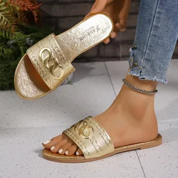 Ladies Casual Slides Female Leather Slippers for Women Shoes Flat Sandals Peep Toe Gold Silver Beach Slippers Flat Shoes