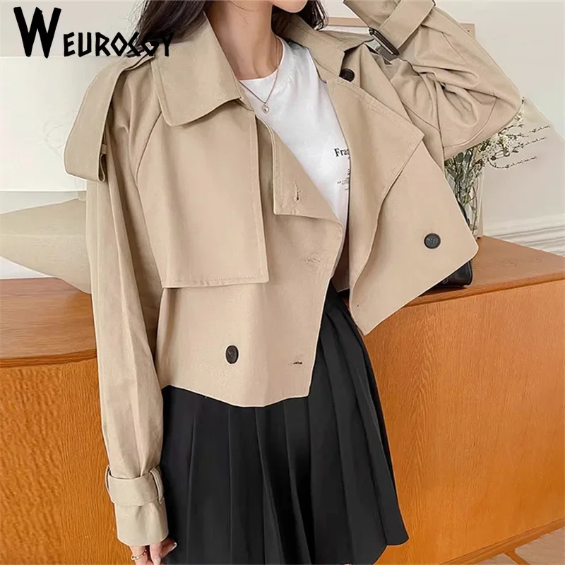 Women Trench Coat 2023 Autumn Single Breasted Loose Casual Long Sleeve Short Windbreaker Jacket Korean Edition Simple Retro Tops