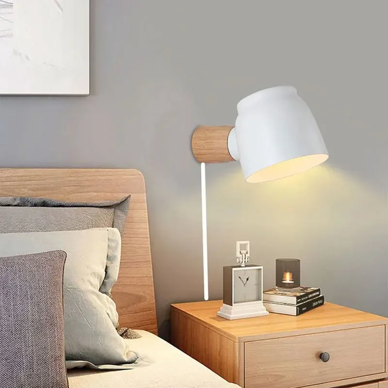 

Wall Lights Bedroom Reading Lamps 360° Rotatable With Switch Pug-in Open Line Frosted Iron Light Shade Solid Wood Lamp Pole E14