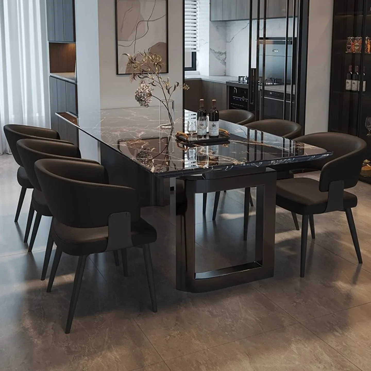 Natural marble dining table modern simple rectangular household chair combination size apartment dining table