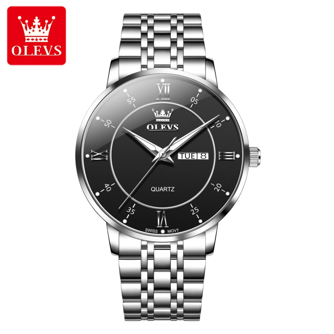 

OLEVS 3680, кварцевые модные часы, подарок, круглый циферблат, ремешок для часов из нержавеющей стали, наручные часы с дисплеем недели, светящийся календарь