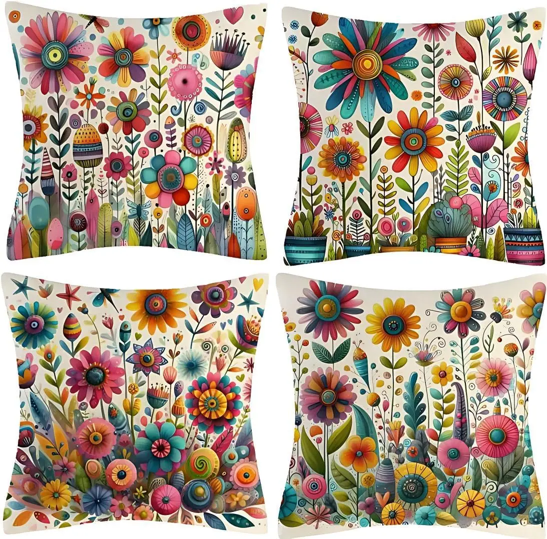 

Набор из 4 разноцветных наволочек в стиле фолк-арт с причудливым принтом цветов и кактусов для дивана, спальни, гостиной, 45x45 см