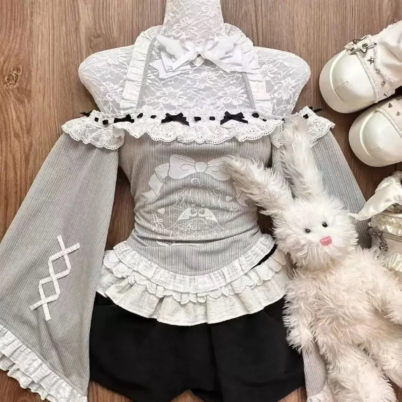 

Japanese Vintage Slim Slash Neck Print 2 Piece Set Y2k High Waist Lolita Short Skirt Suit Women Sweet Cute Off Shoulder Top