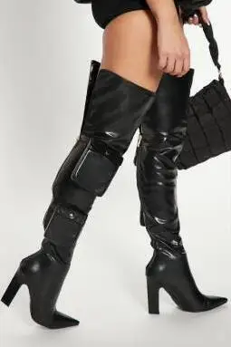 Black Soft Leather Solid Pointed Toe Pocket Square Heel Big Calf V Open Over The Knee Boots Women Thigh Boots Drop Shipping