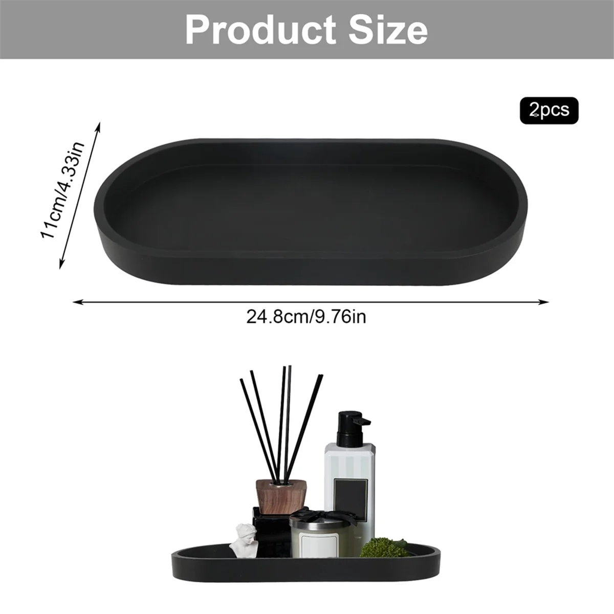 Set of 2 Bathroom Trays, Decorative Tray, Black Silicone Storage Tray, Small Tray for Washbasin, Bathtub (Oval)