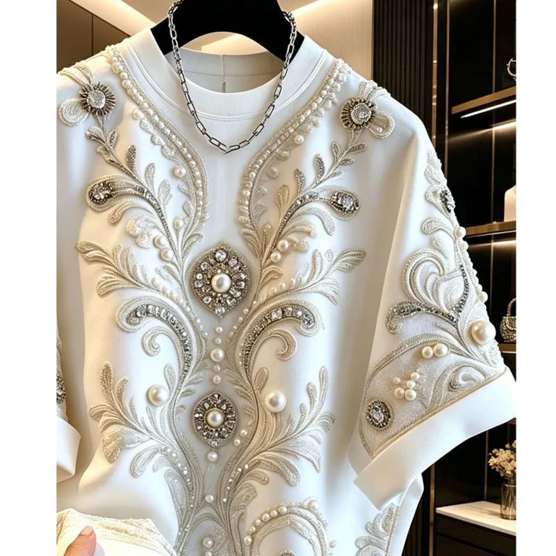 2026 New All-match Summer Loose Women T-shirt Elegant Round Neck Pullover Top Luxury Pearl Beading Casual Short Sleeve Tees