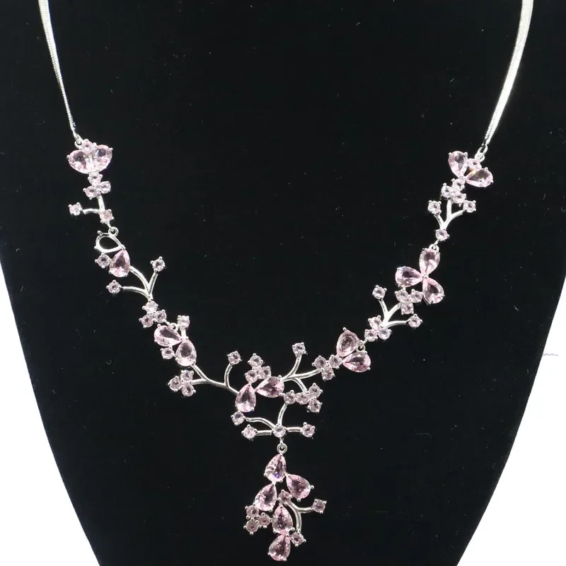 25g 925 SOLID STERLING SILVER NECKLACE CHAIN Swiss Blue Topaz Pink Kunzite Aquamarine Ladies Wedding Daily Wear 18.5inch