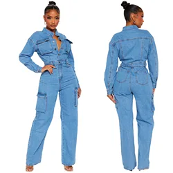 Women's Elastic Washed Denim Jumpsuit, Flared Pants, One Piece Overalls