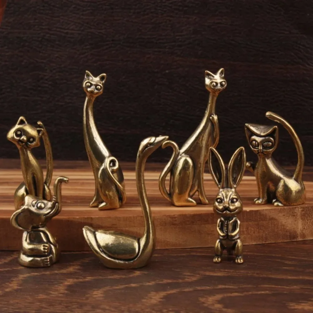 Cute Solid Brass Mini Animal Figurines Cat Rabbit Elephant Swan Ring Holder Desk Ornament for Home Bedroom Office Decor Use - view 3