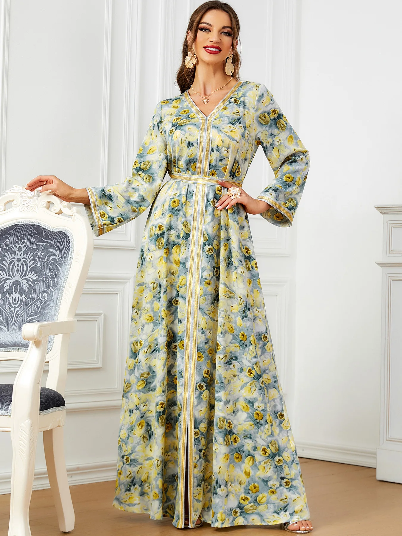 

Elegant Women's Dresses For Party 2024 Elegant Floral Printed V-Neck Tape Trim Belted Kaftan Muslim Abaya Dress Dubai Ramadan