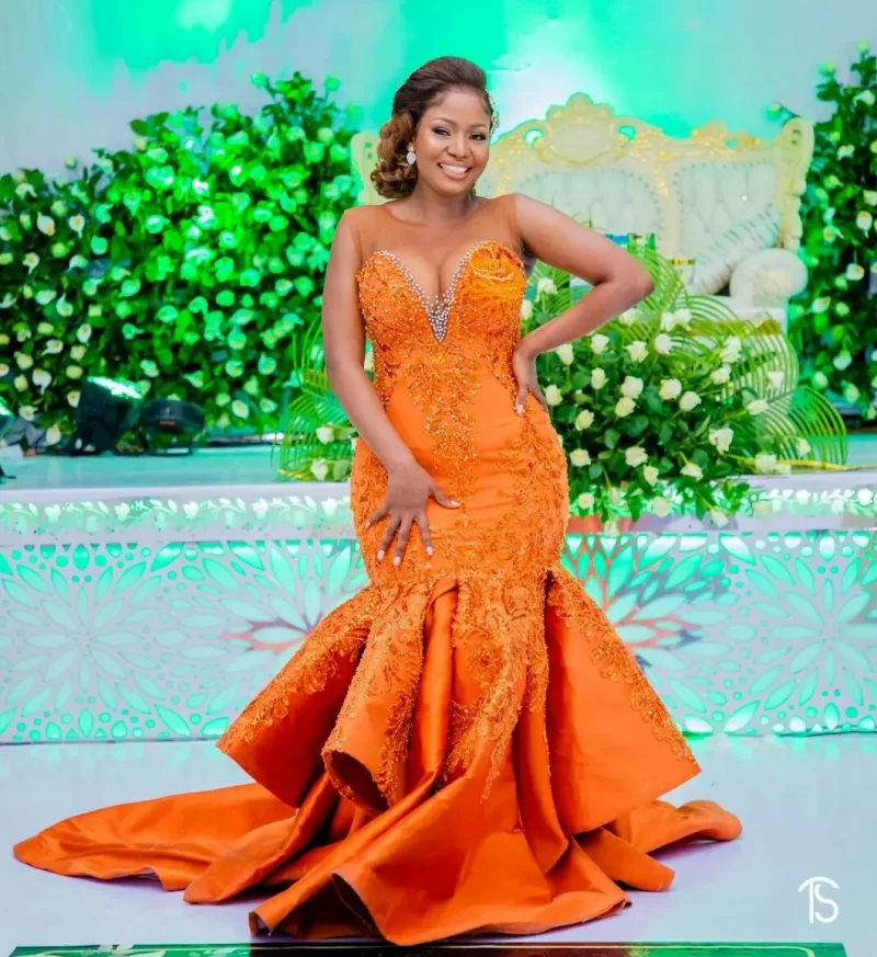 Orange Mermaid Evening Dresses Lace Beaded Formal Party Second Reception Birthday Engagement Prom Gowns