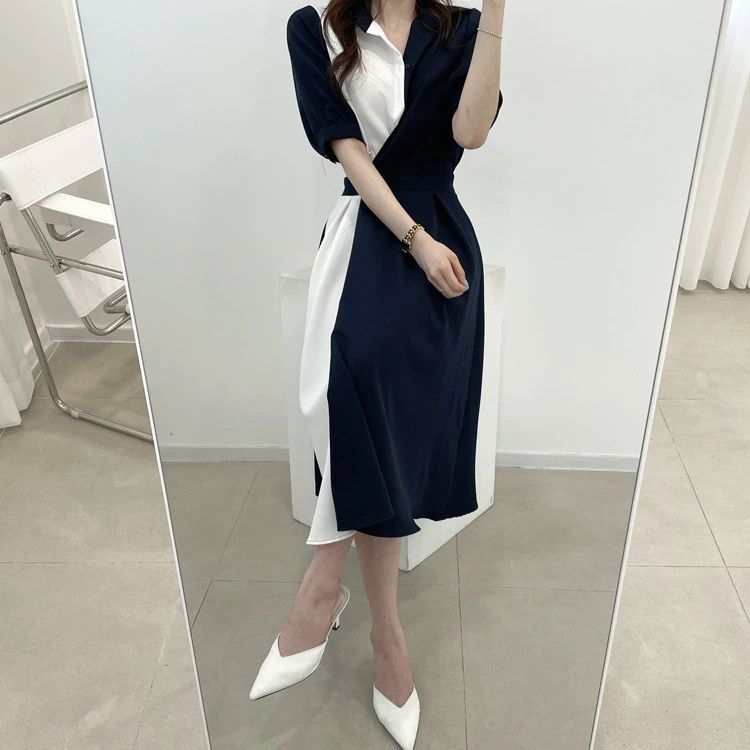 Summer Women Shirts Dress Elegant Office Ladies Patchwork Short Sleeve Vestidos Vintage Korean A-Line Midi Dresses for Women