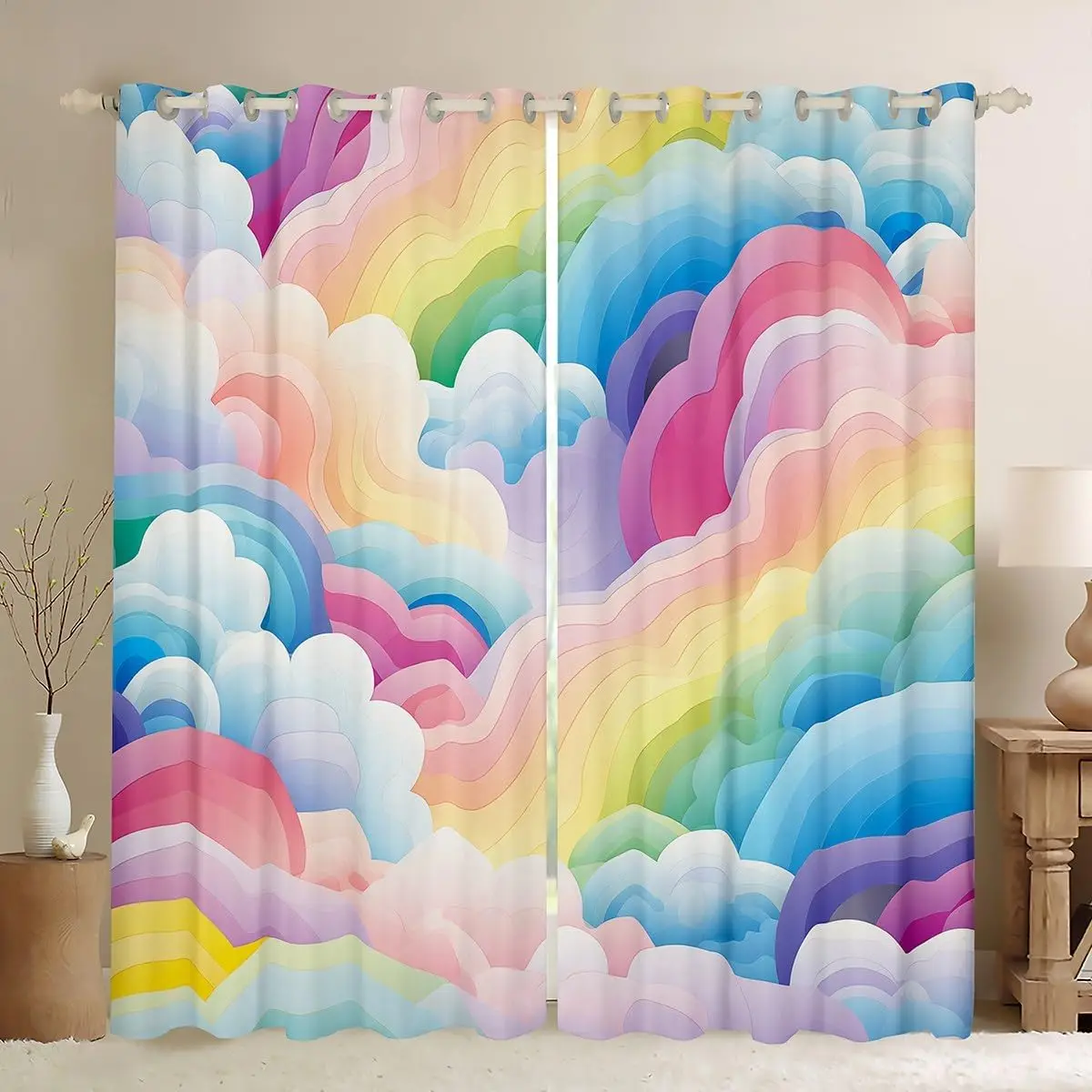 Vibrant Rainbow Cloud Print Curtain Drapes for Kids Room Nursery Boho Aesthetic Polyester Window Curtains Home Decor Shower Curt