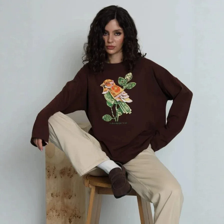 Chic Boho Vintage Collage Art Bird Floral Graphic Oversized Cotton Long Sleeve Tee Women Aesthetic O-Neck Retro Casual T‑Shirt