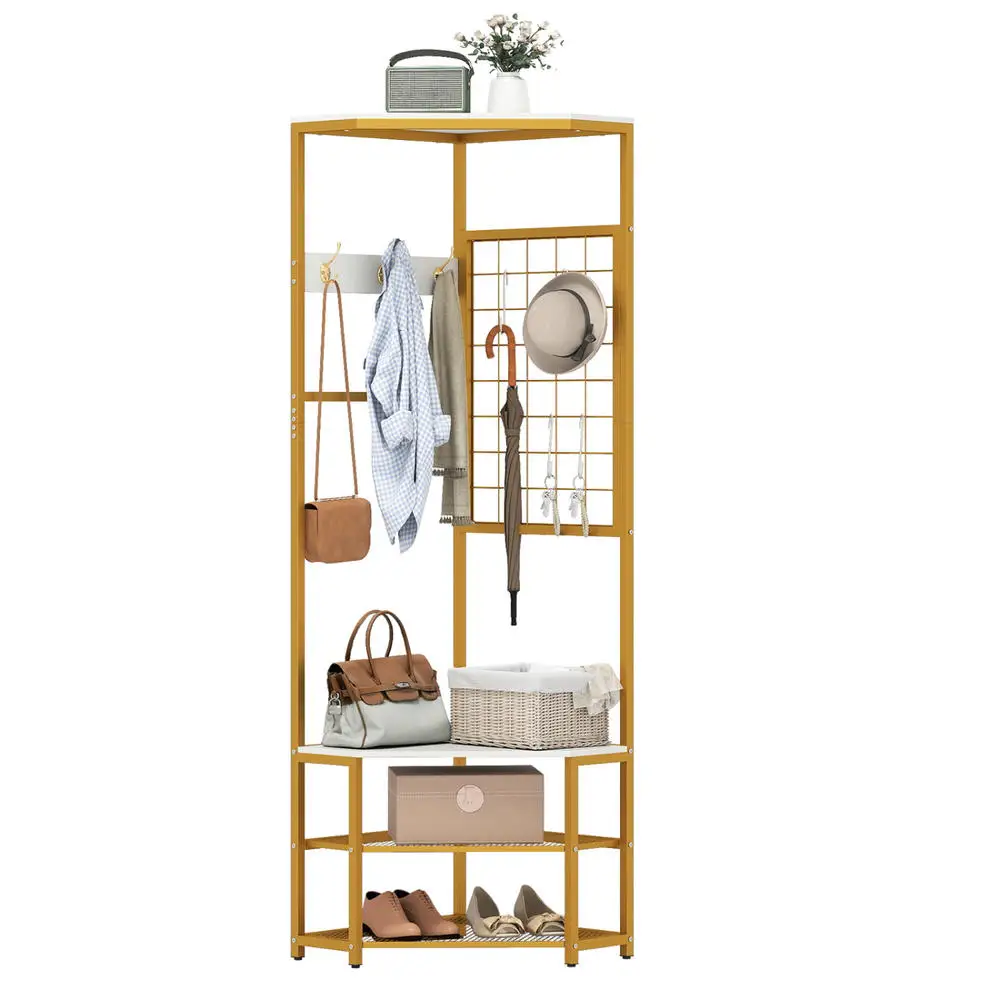 Corner Hall Tree Freestanding Coat Rack With Storage Shelves Removable HooksWhite view 6