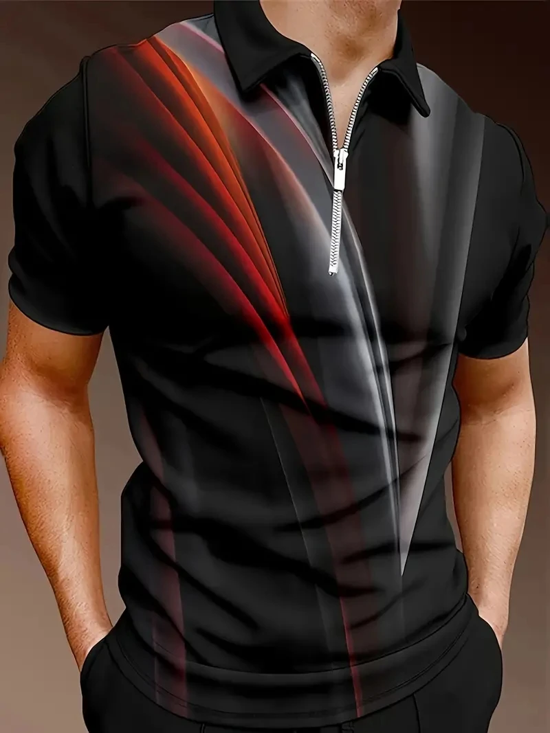 Men's Zipper Polo Shirt Meteor Cluster 3D Printing Retro Men's Short Sleeve Plus Size Street Summer Zipper Polo Shirt