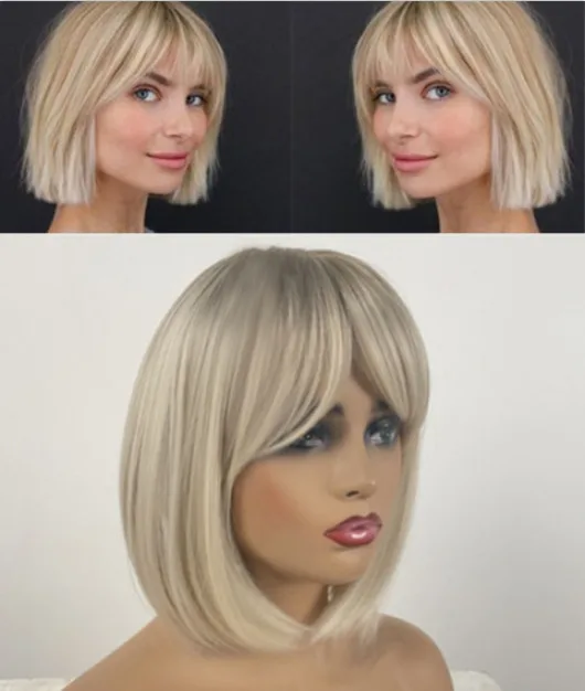 

Short Blond Wigs Short Straight Ash Blond Bob Wig With Bangs Synthetic Glueless