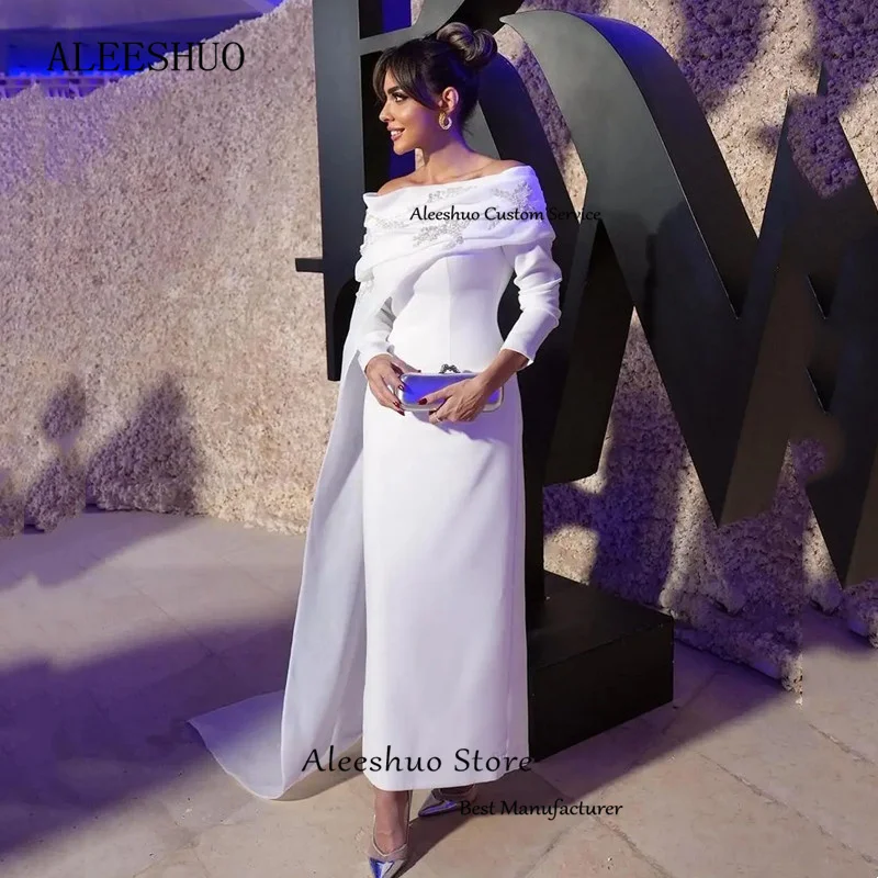 Aleeshuo-vestido de satén de Arabia Saudita para mujer, vestido de noche con apliques rectos, cuello Barco, Formal, manga larga, plisado, largo hasta el tobillo