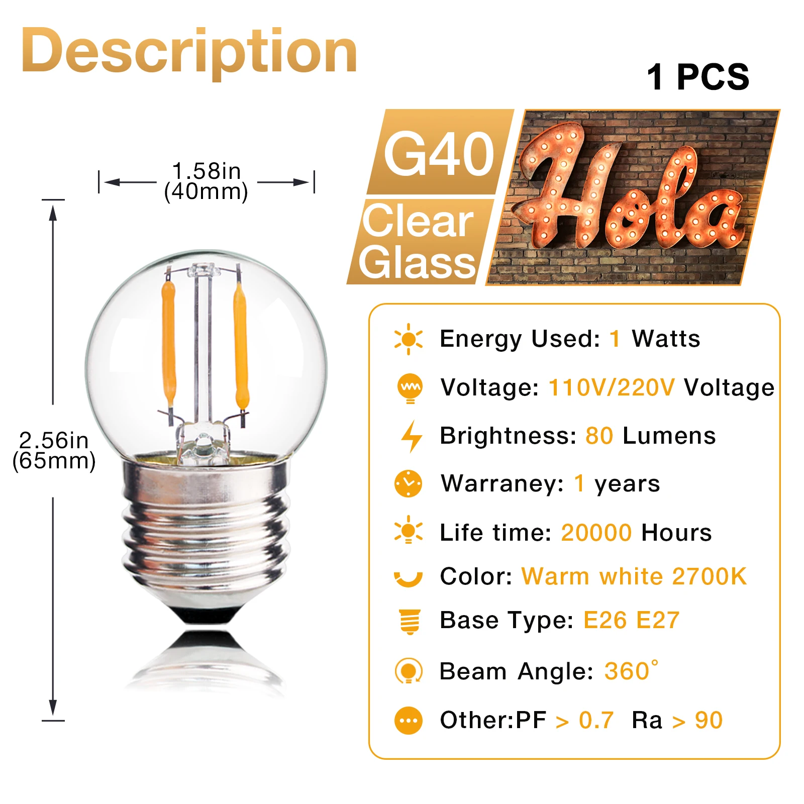 Sphoon G40 String Light Replacement Bulb 1W E27 Base 220V Warm White 2700K Vintage Dimmable Globe Clear Glass Mini Led Lamp Bulb