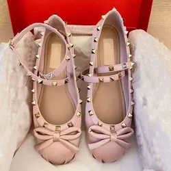 NEW French Style Rivets Bandage Round Toe Women's Bow Silk Satin Ballet Flat Spring/Autumn Flats Bow Princess Girls Women Shoes