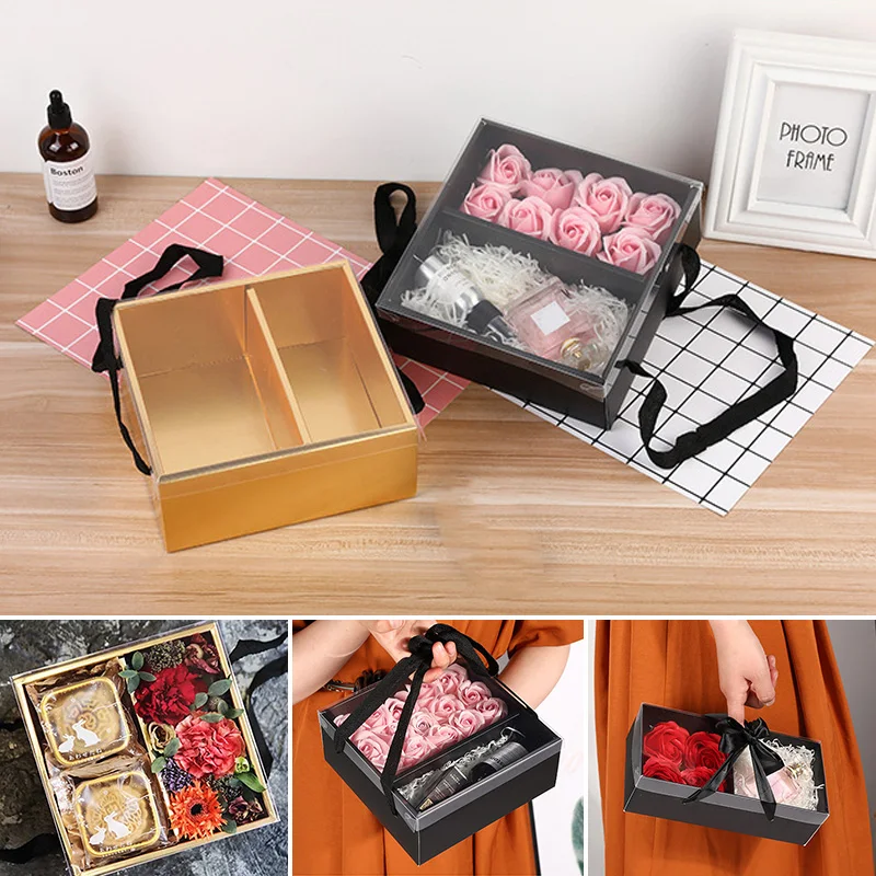 New Flower Dessert Gift Box With PVC Cover Folding Flower Packaging  Paper Box Valentine\'s Day Wedding Party Gift Box