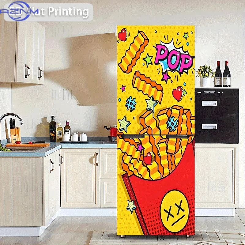 Printing Refrigerator Sticker 60x180cm Pop Art Style French Fries Illustration Themed Scene Wall Decal Self-Adhesive Wallpaper