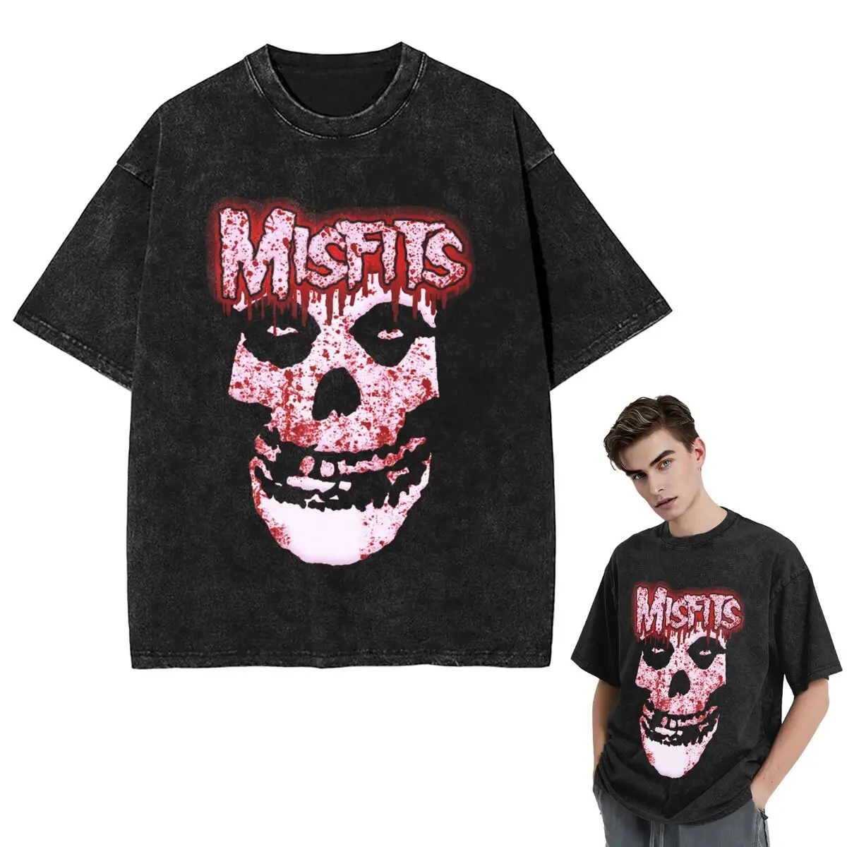 

Streetwear T-Shirts Misfits Skull Washed T Shirt Short Sleeve Hip Hop T-Shirt Tops Tees for Men Women