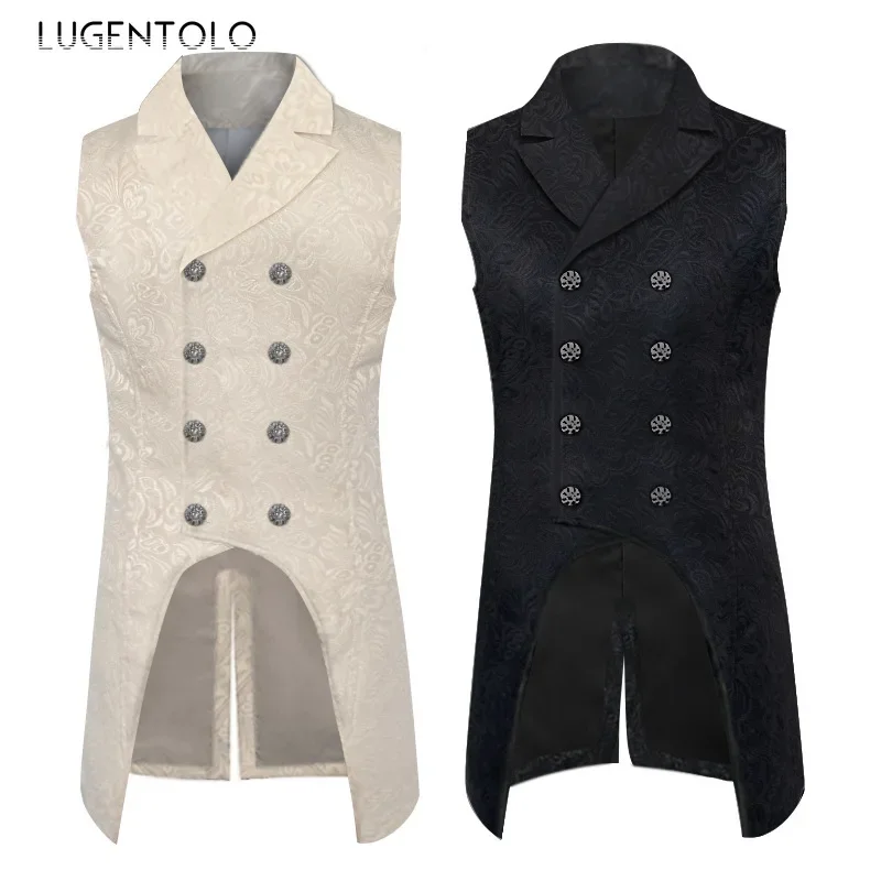 Men Gothic Steampunk Vest Tailcoat Jacquard Double-breasted Jacket Men's Lapel Solid Retro Casual Medieval Costume Coats