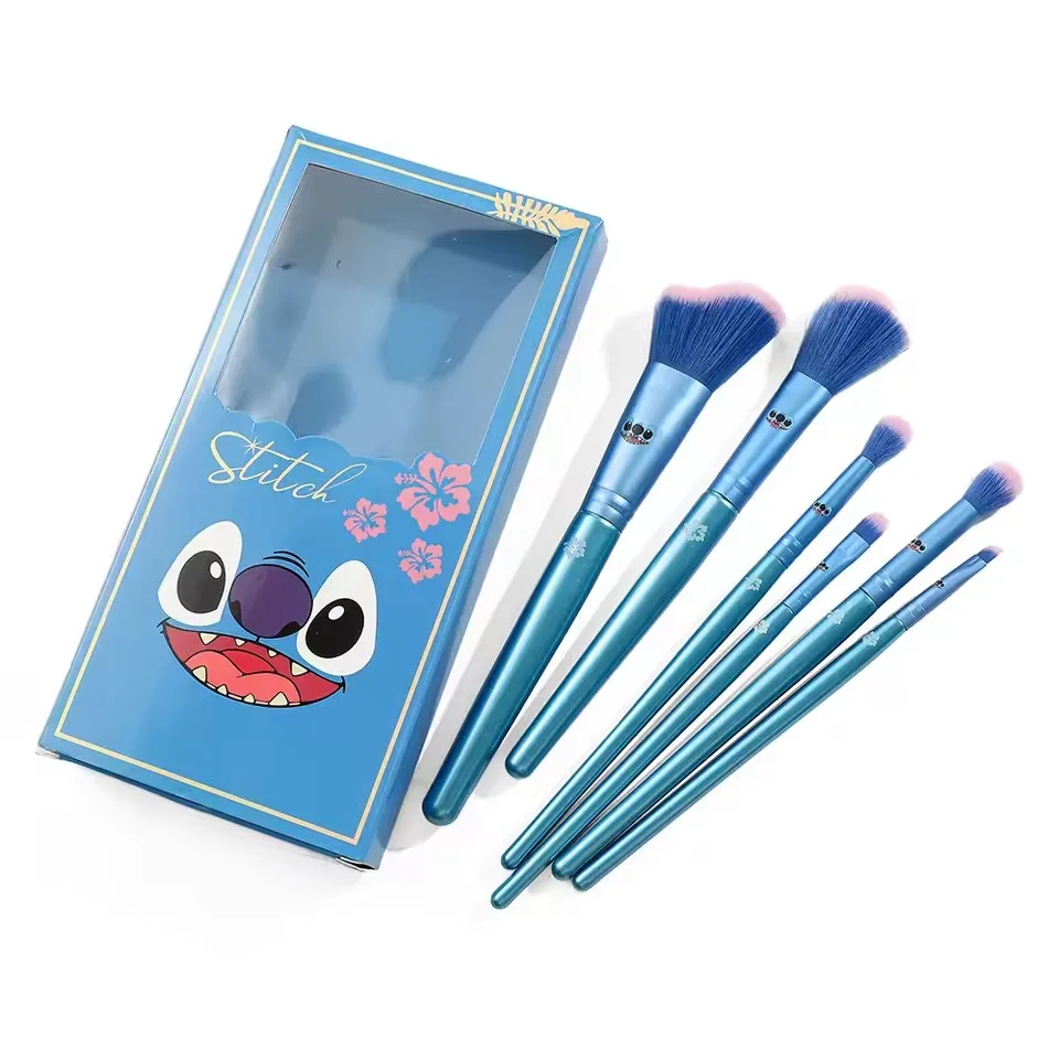 6Pcs Disney Anime Cartoon Stitch Girls Makeup Brush Set Wooden Eyeshadow Brush Loose Powder Brush Gift Friends Y2K Woman Gift