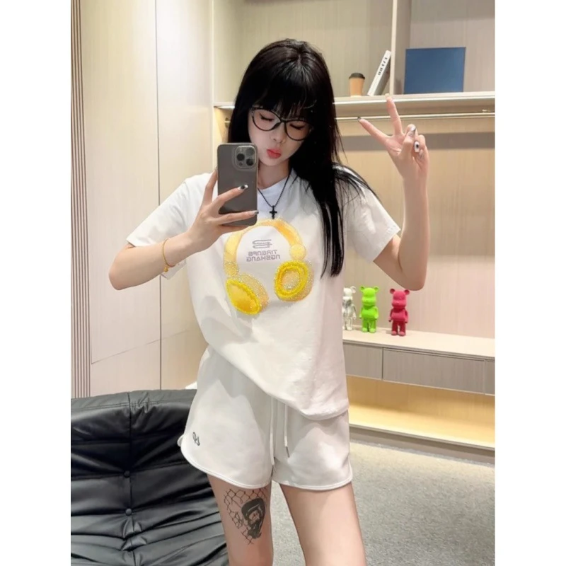 Fashion Hot Drilling Headset Pattern Short Sleeve T-shirt Female 2024 Spring Summer Loose All-Match Casual Style White Top Women