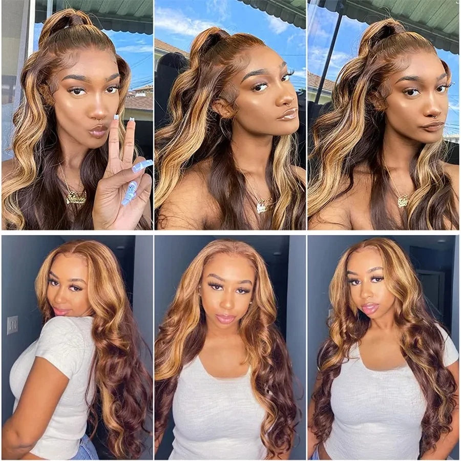 13x4 Body Wave 4/27 Colored Wigs Human Hair Pre Plucked Highlight Lace Front Wigs 250% Density For Women 100% Human Hair