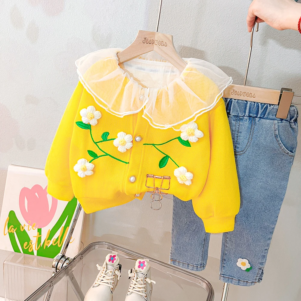 Infant Clothes Outfits 2023 Spring Baby Girls Clothing Sets Kids Floral Coats Shirt Jeans 3 Pcs Suits Children Princess Costume